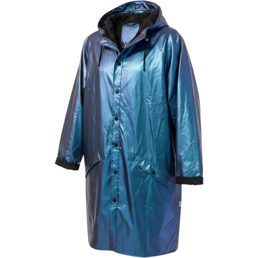 Rains Long Raincoat XL Blue Iridescent Metallic Waterproof Hooded Jacket Unisex